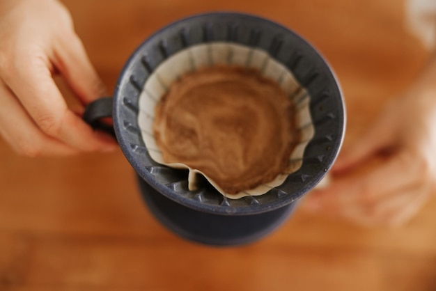 Close up view of drip coffee on desk table