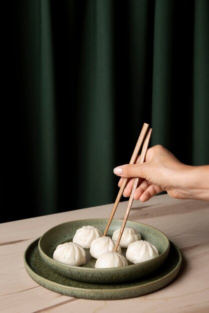 Close-up view of dumplings on wooden table