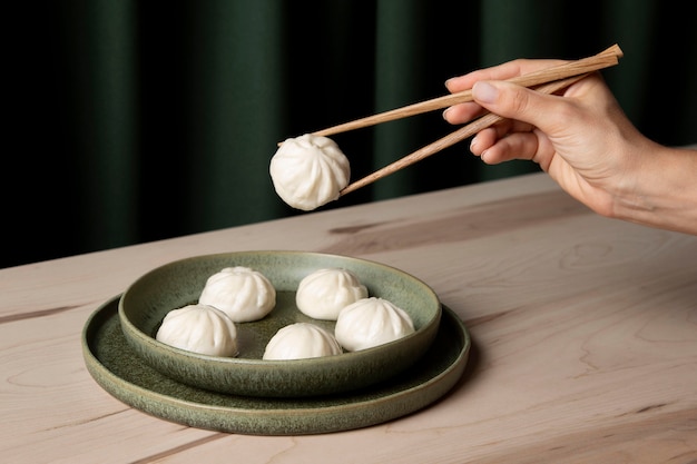 Close-up view of dumplings on wooden table