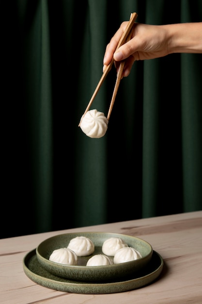 Close-up view of dumplings on wooden table