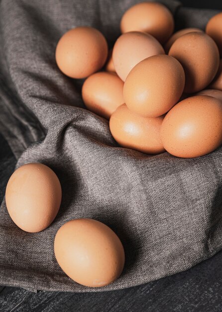 Close-up view of eggs on cloth