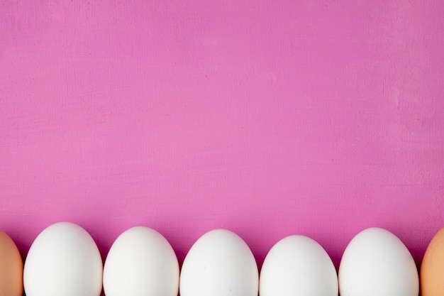 Close-up view of eggs on purple background with copy space