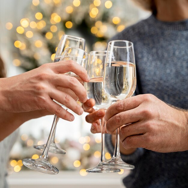 Close-up view of family cheering with champagne