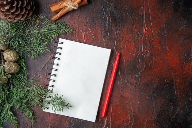 Close up view of fir branches and closed spiral notebook with pen cinnamon limes conifer cone on dark background