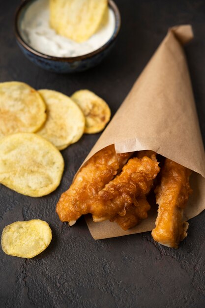 Close-up view of fish and chips concept