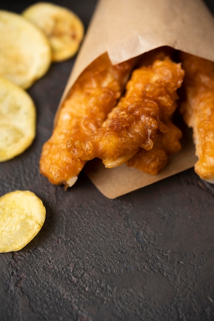 Close-up view of fish and chips concept