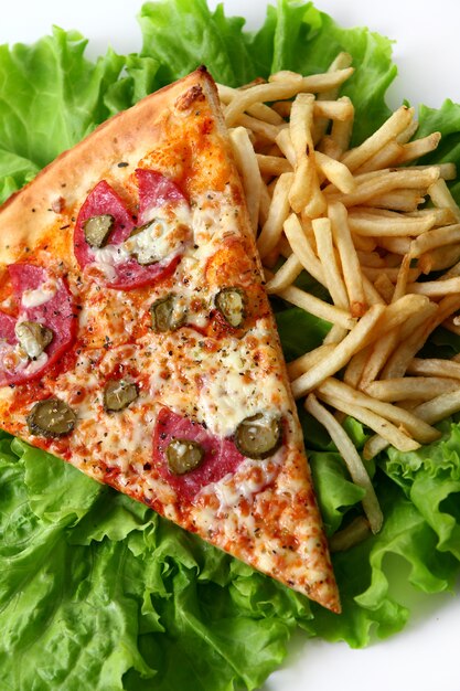 Close up view of fresh pizza with french fries