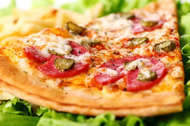 フライドポテトと新鮮なピザのクローズアップ表示