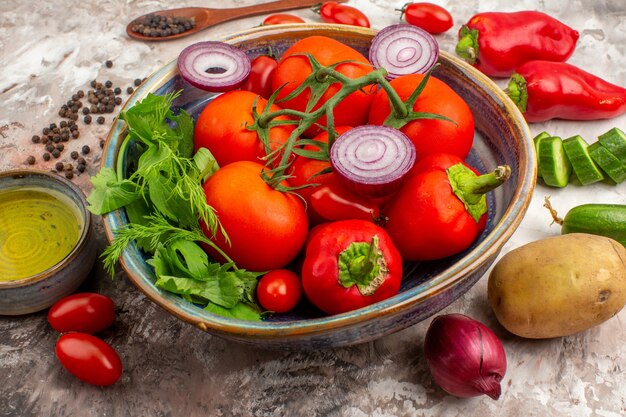 Close up view of fresh vegetables for dinner preparation on table