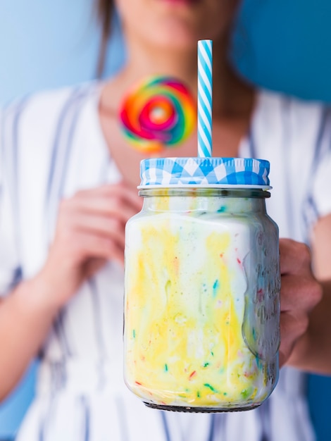 Close-up view of milkshake glass