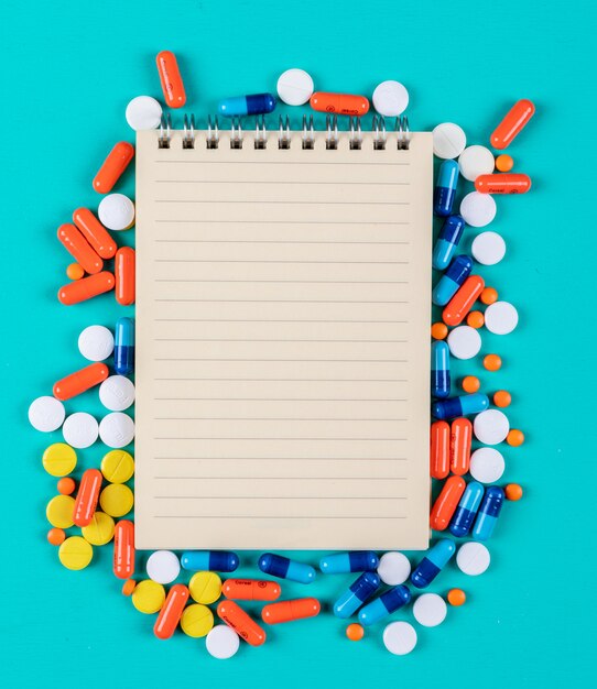 Close-up view notepad with pills