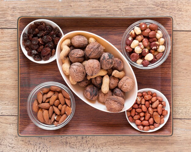 Close-up view of nuts arrangement on wooden table