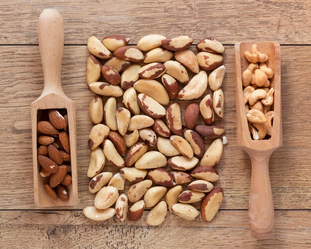 Close-up view of nuts arrangement on wooden table