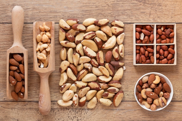 Close-up view of nuts arrangement on wooden table