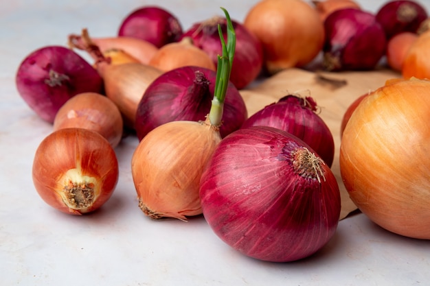 Close-up view of onions on white background