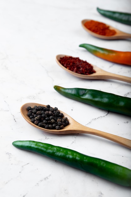 Free photo close-up view of peppers and spoons full of spices on white background with copy space