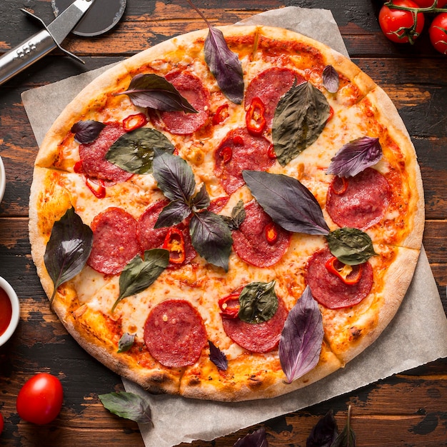 Close-up view of pizza on wooden table