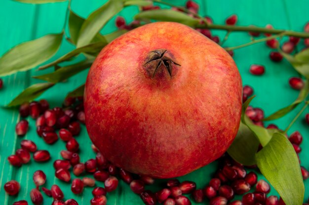 Close up view of pomegranate and pomegranate berries with leaves on green surface