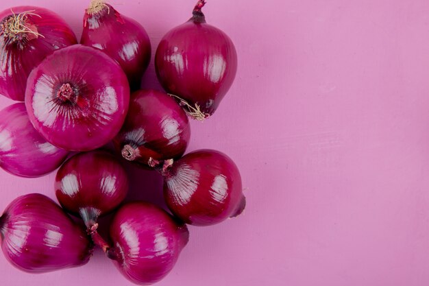 Free photo close-up view of red onions on left side and purple background with copy space