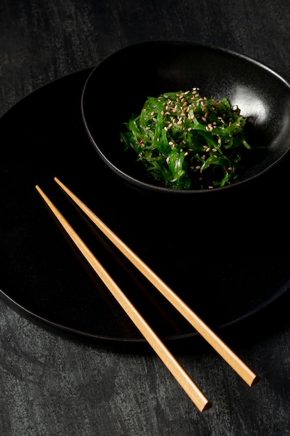 Close-up view of seaweed salad