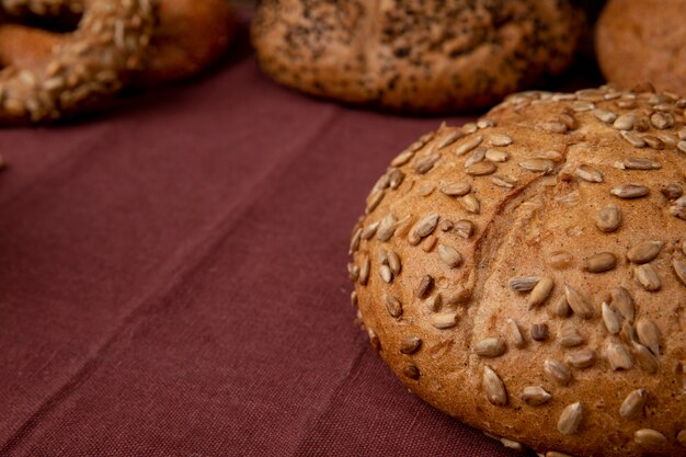 Close-up view of seeded cob on right side and burgundy background with copy space