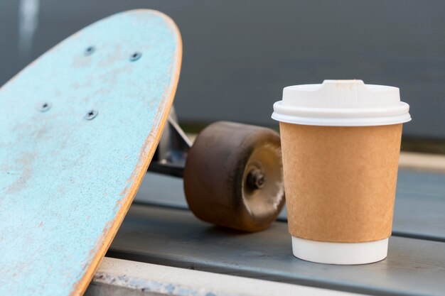 Close-up view of skateboard in urban city