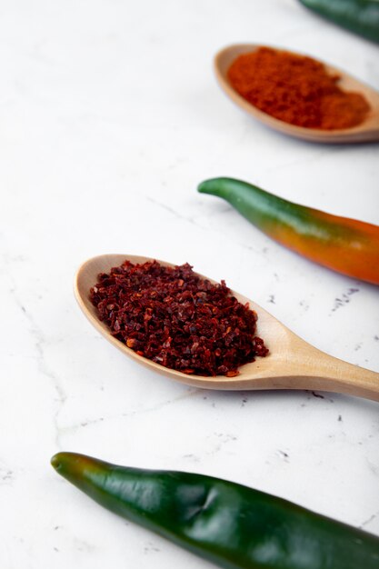 Close-up view of spoon full of sumac with peppers on white background with copy space