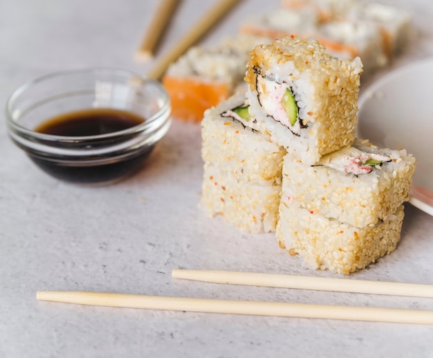 Close up view of stacked sushi