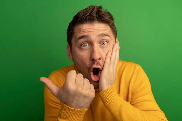 Close-up view of surprised young blonde handsome man putting hand on face pointing at side 