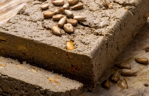 Close up view of tasty halva with sunflower seeds