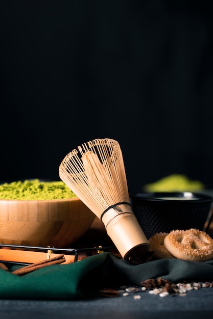 Close-up view of traditional matcha whisk