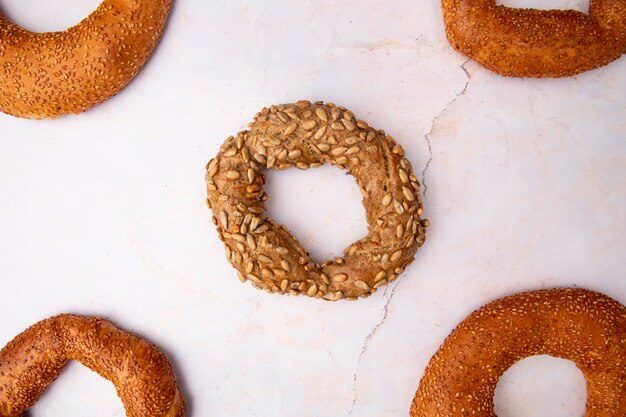 Close-up view of turkish bagels on white background