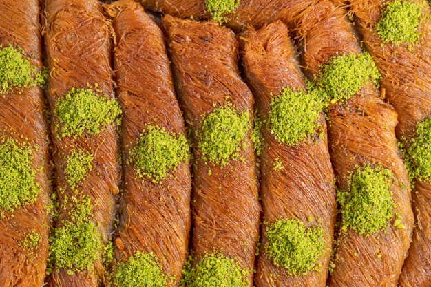 Close up view of turkish dessert burma kadayif with pistachio nuts