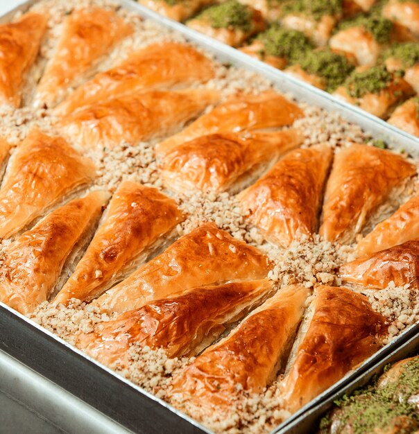Close up view of turkish pastries on tray