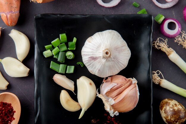 Close-up view of vegetables as garlic bulb and cloves cut scallion egg onion slice on maroon background