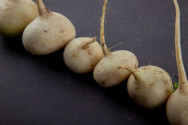 Close-up view of white radishes on maroon background with copy space
