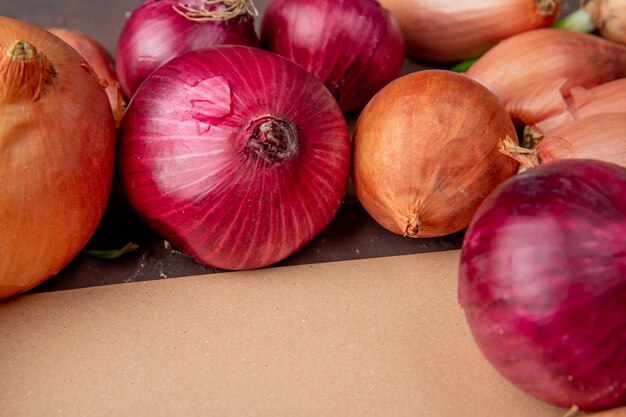 Close-up view of whole red and yellow onions with copy space