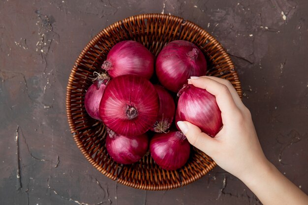 Close-up view of woman hand holding onion and basket of onions on maroon background with copy space