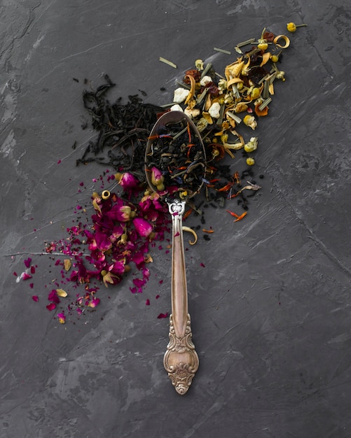 Close-up of vintage spoon with herbs