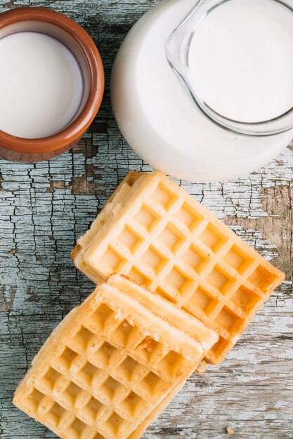 Close-up waffles and milk