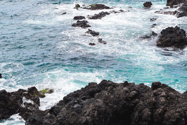 Close-up wavy water at rocky shore