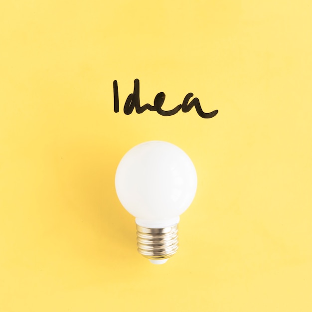 Close-up of a white light bulb with idea word on yellow background