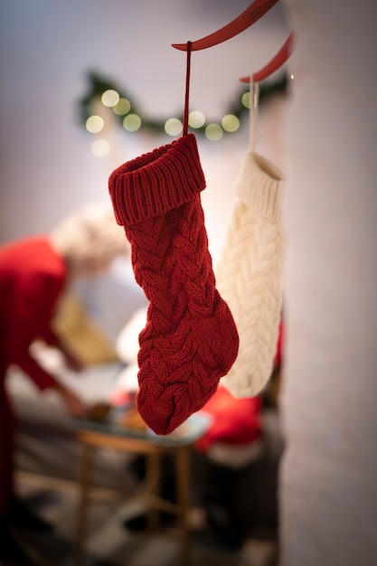 Close-up white and red christmas socks