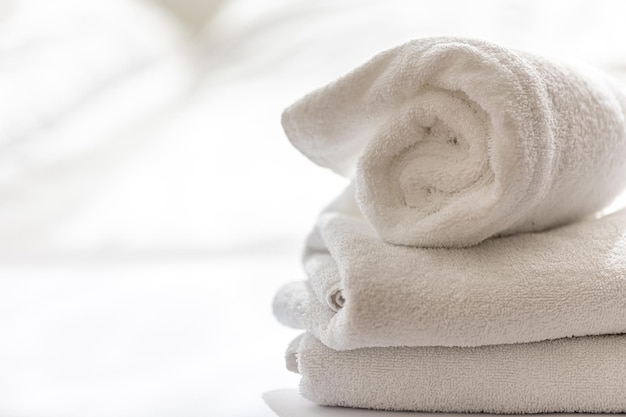 Close up white terry bath towels stacked spa concept