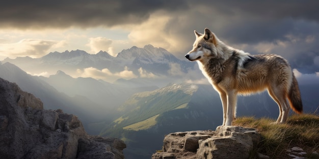 Close up on wolf on top of mountain