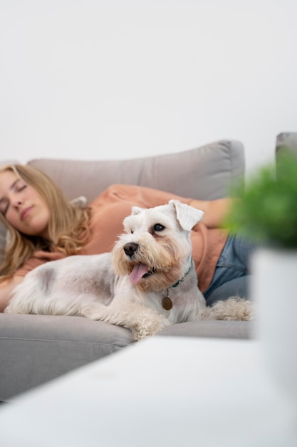 Крупным планом женщина и собака на диване