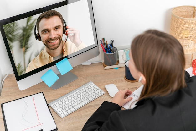 Close up woman chatting with employee