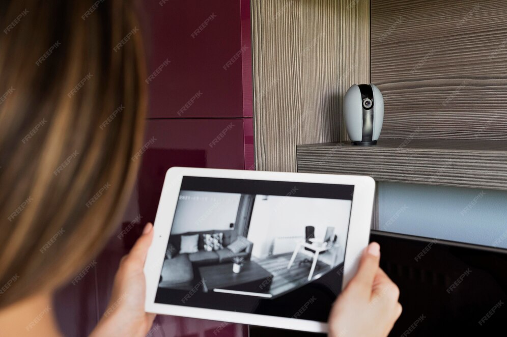 Person überwacht Überwachungskameras live über ein Tablet