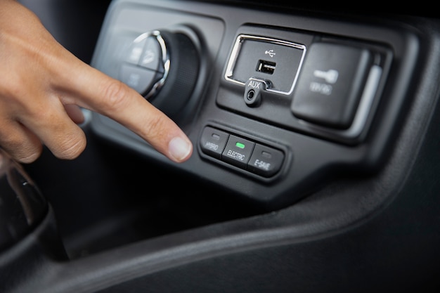 Close up on woman in electric car