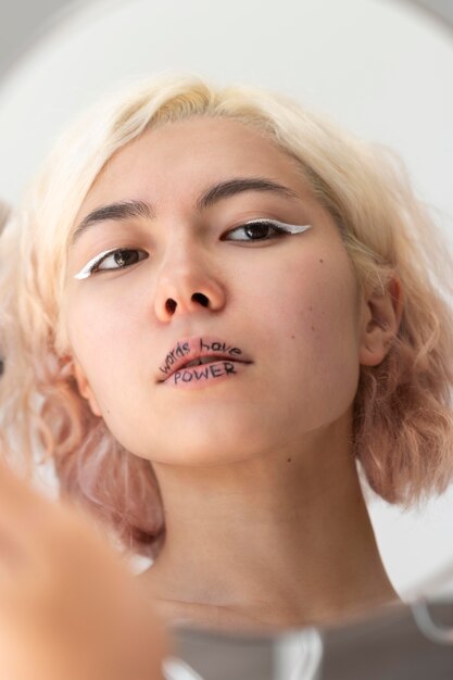 close up on woman expressing revolution message